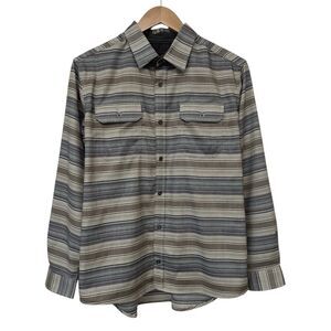 Swiss Tech Mens Large Button Up Shirt Long Sleeve Striped Brown Cream Blue Red